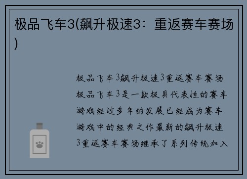 极品飞车3(飙升极速3：重返赛车赛场)
